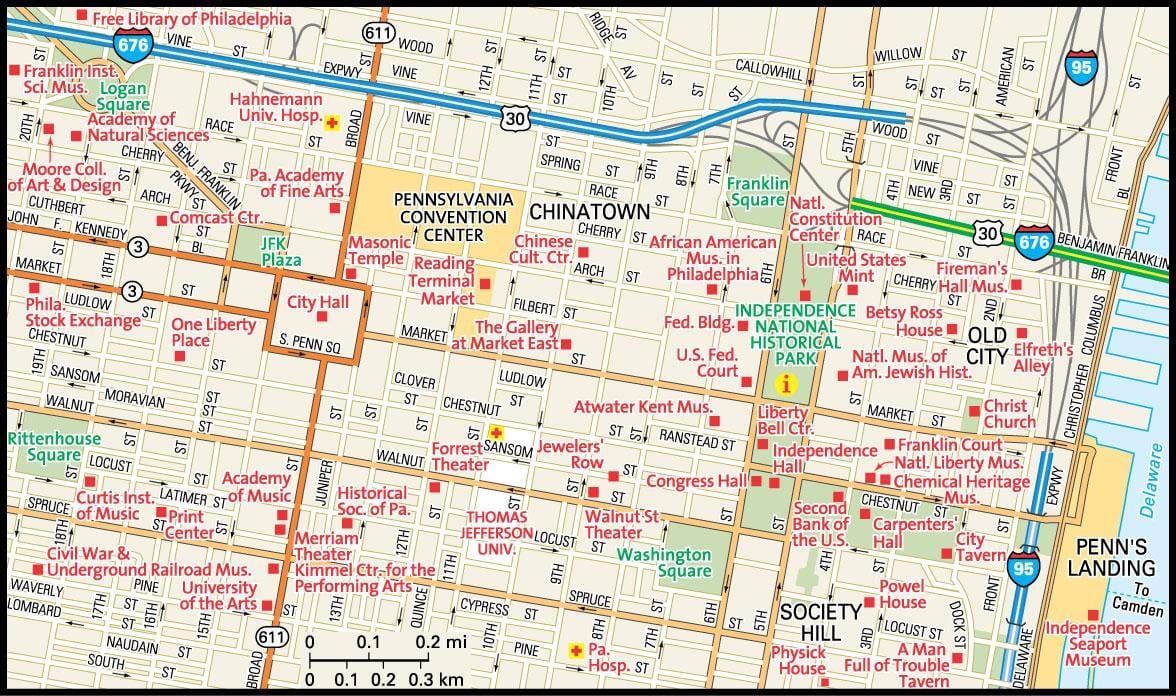 քարտեզ կենտրոնից: Philadelphia