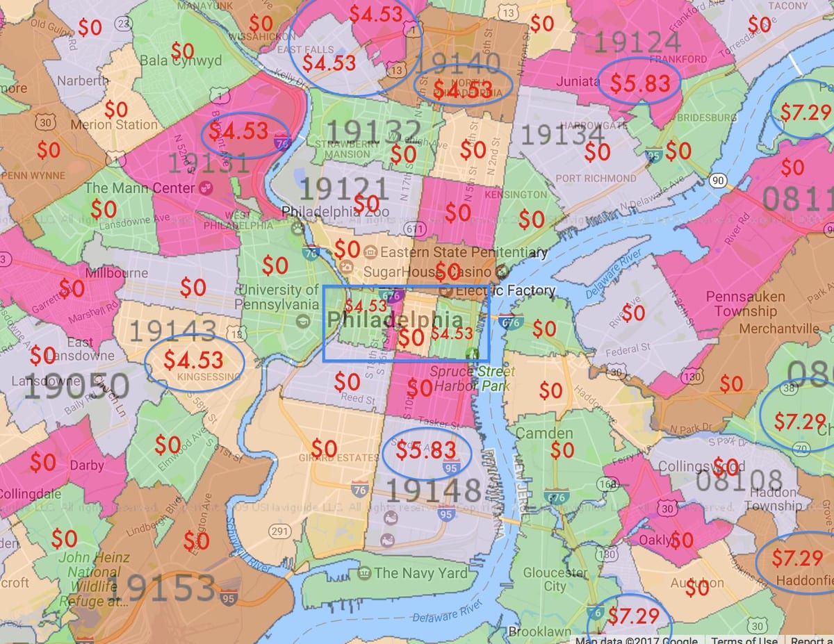 Philadelphia եւ շրջապատը քարտեզ